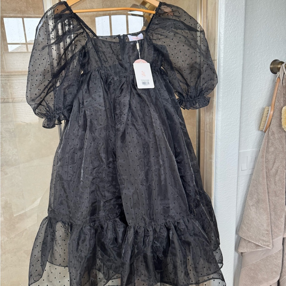Selkie Black The French Puff Dress in Swiss Dot